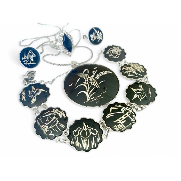 Vintage Amita Japan Damascene Jewelry Set Lot Black Silver Sterling Parure - Picture 3 of 9
